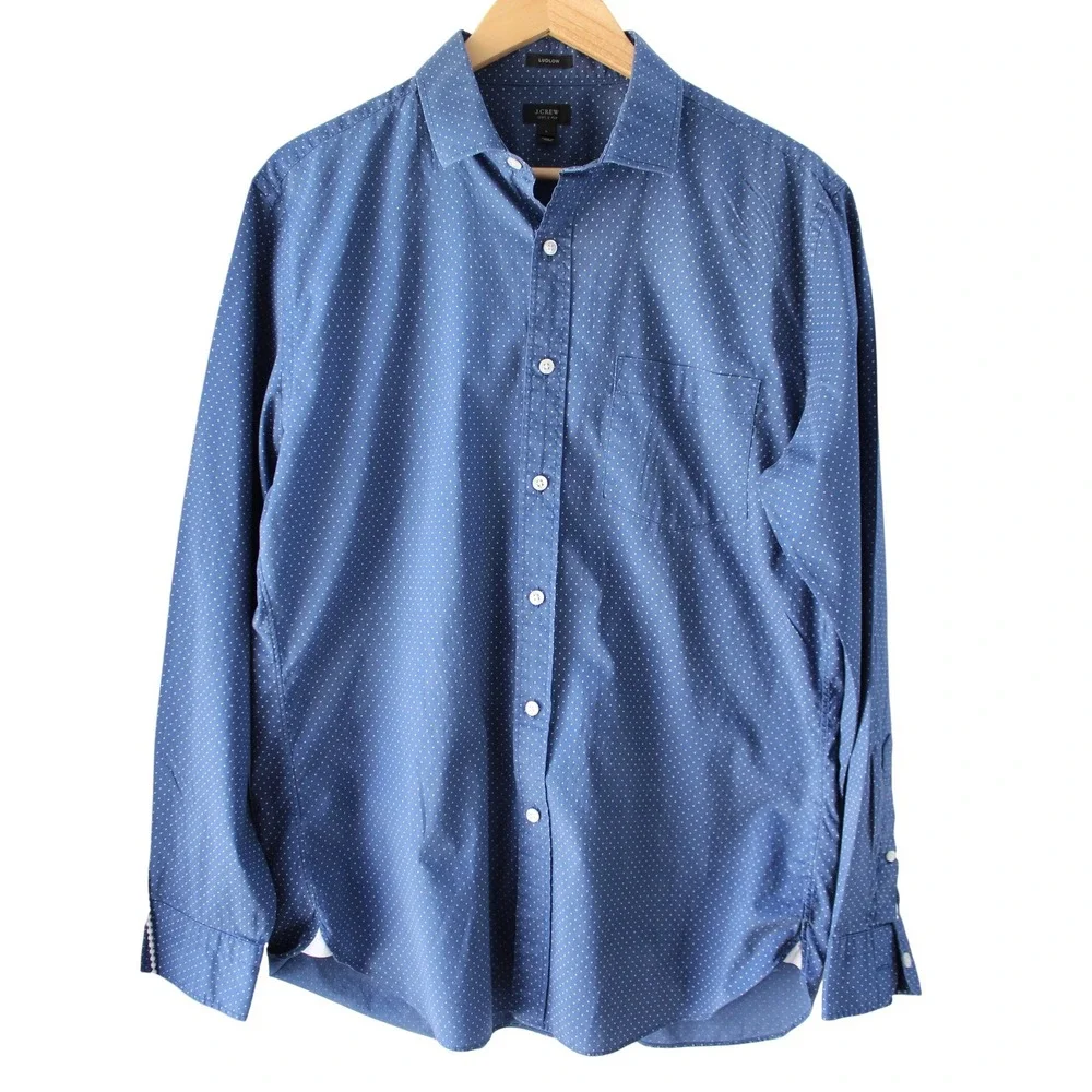 J.Crew Ludlow Mens Large Blue Shirt White Polka Dot 120s 2-Ply Cotton 07124‎